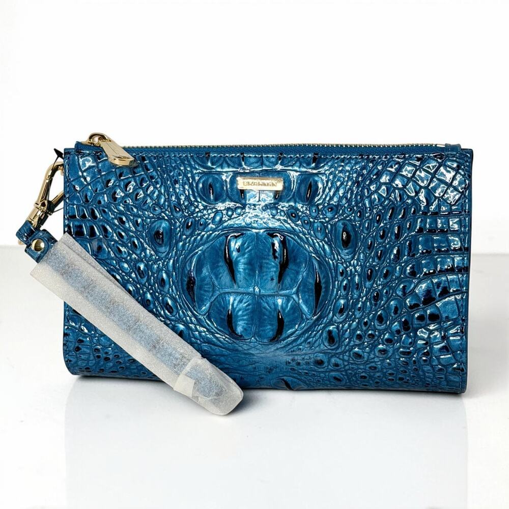 Brahmin Daisy Vibrant Azure Melbourne Leather Wristlet Clutch Blue NWT Dust Bag